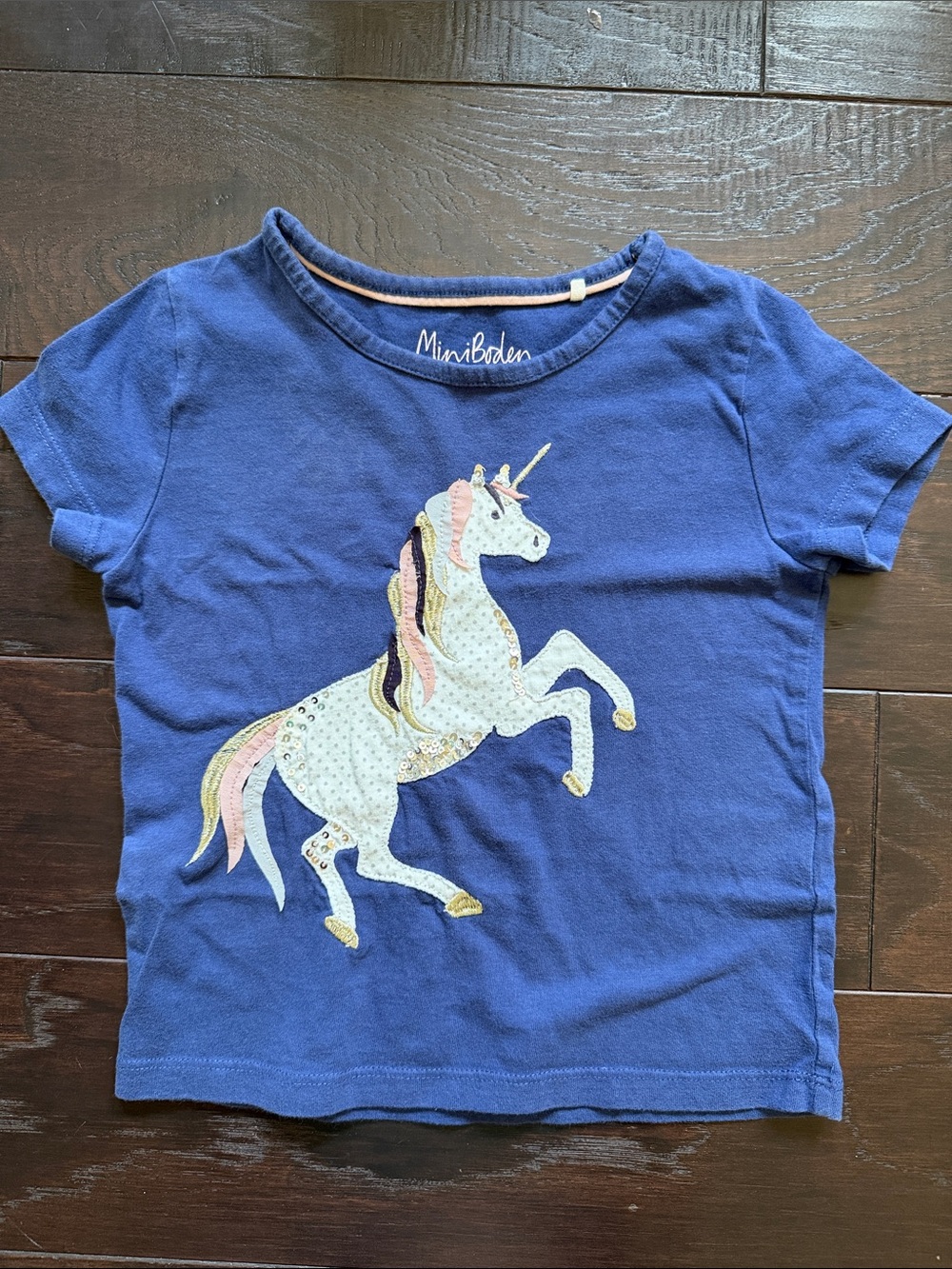 Mini Boden Blue Short Sleeve Tee with Sequin Unicorn